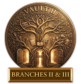 Branch III medallion for the From The Vault II & III Branches Series featuring a stylized tree with three illuminated doors labeled Songs, Stories, and Connections.