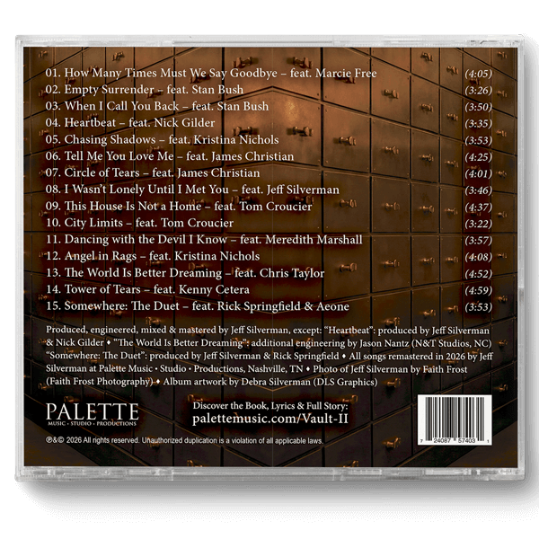 Physical CD (jewel case back) of Jeff Silverman's melodic rock album FROM THE VAULT II (Songs from The Lost Chords).